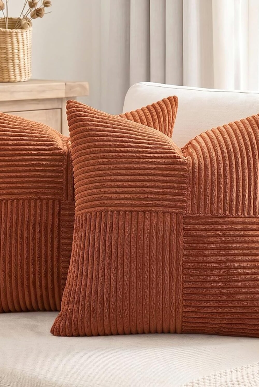 Fancy Homi 2 Packs Rust Boho Decorative Throw Pillow Covers 18x18 Inch for Couch Bed Sofa, Farmhouse Fall Home Decor, Soft Corss Corduroy Patchwork Textured Terracotta Accent Cushion Case 45x45 cm