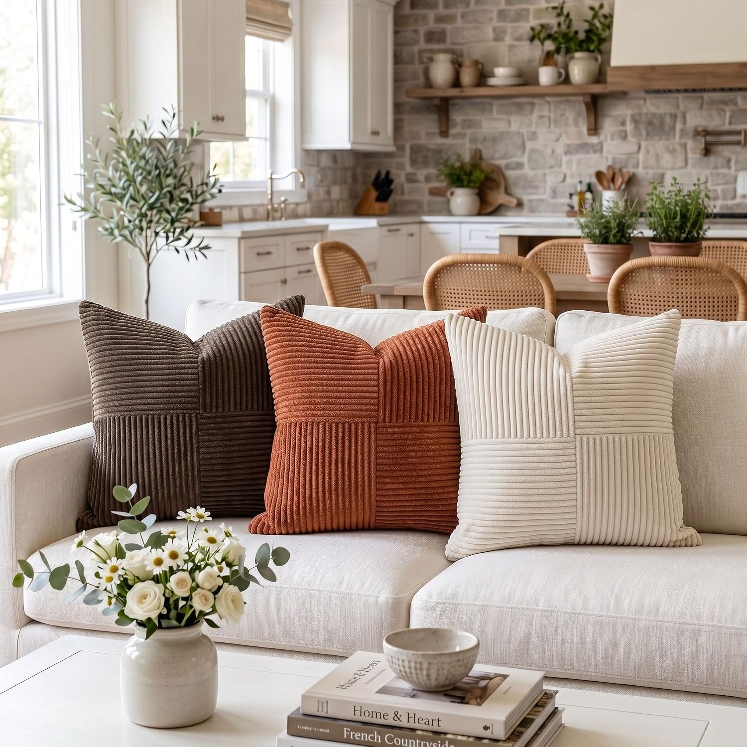 Fancy Homi 2 Packs Rust Boho Decorative Throw Pillow Covers 18x18 Inch for Couch Bed Sofa, Farmhouse Fall Home Decor, Soft Corss Corduroy Patchwork Textured Terracotta Accent Cushion Case 45x45 cm - Image 2