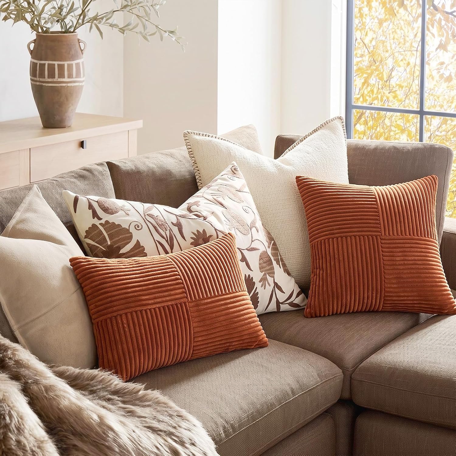 Fancy Homi 2 Packs Rust Boho Decorative Throw Pillow Covers 18x18 Inch for Couch Bed Sofa, Farmhouse Fall Home Decor, Soft Corss Corduroy Patchwork Textured Terracotta Accent Cushion Case 45x45 cm - Image 5