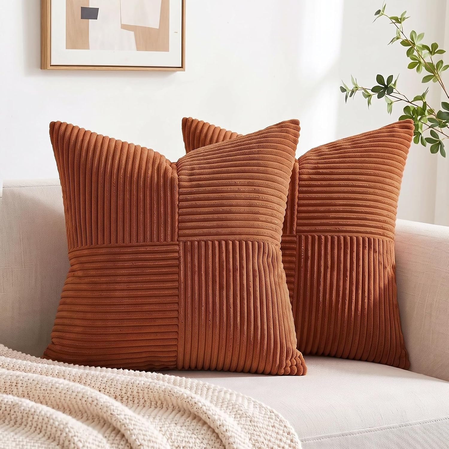 Fancy Homi 2 Packs Rust Boho Decorative Throw Pillow Covers 18x18 Inch for Couch Bed Sofa, Farmhouse Fall Home Decor, Soft Corss Corduroy Patchwork Textured Terracotta Accent Cushion Case 45x45 cm - Image 7