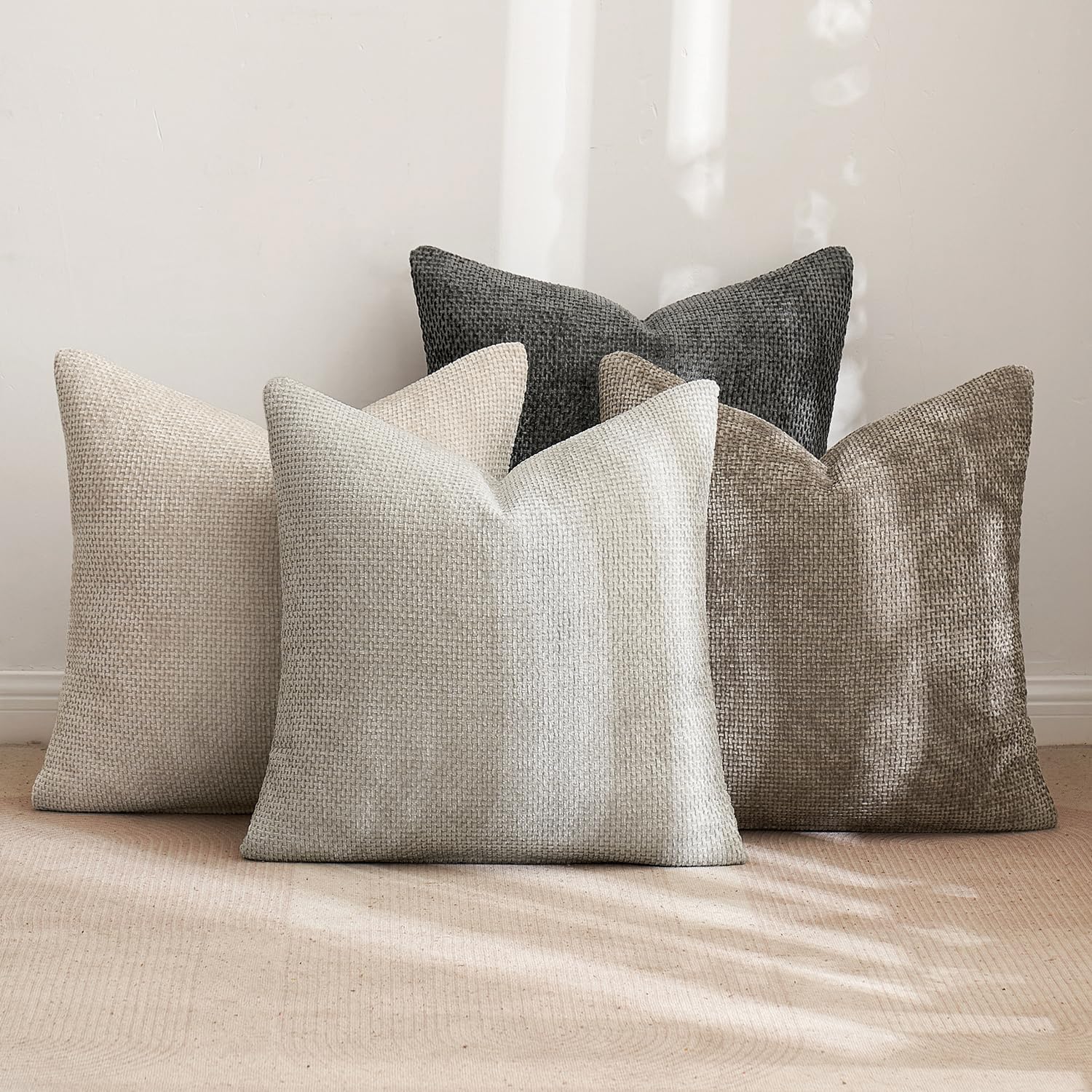 MIULEE Soft Decorative Chenille Pillow Covers Neutral 18x18 Pack of 4 | Mid Century Modern Decor, Cream to Charcoal Set, Couch Throw Pillows, Farmhouse Boho Cushion Covers for Sofa Bed Living Room - Image 3