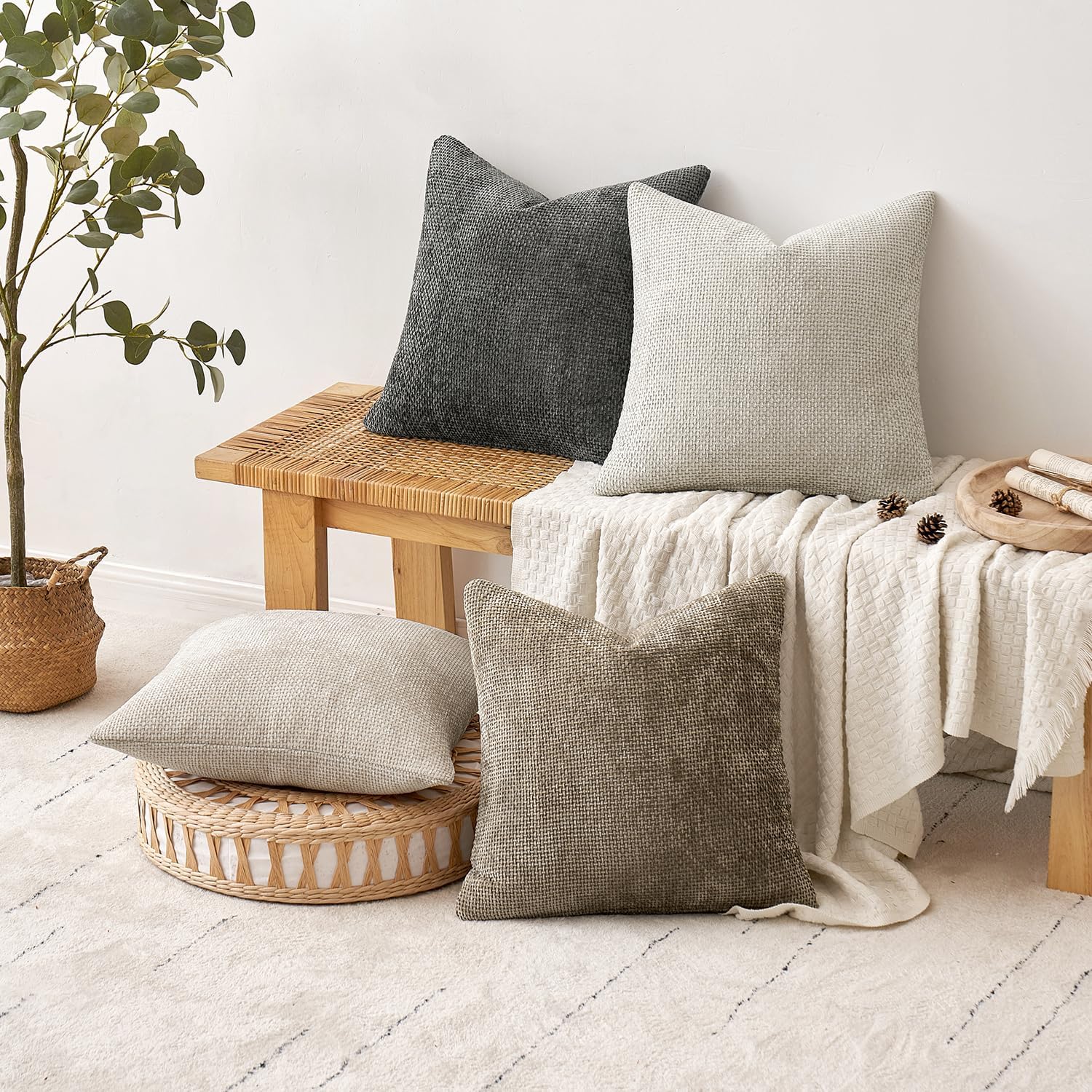 MIULEE Soft Decorative Chenille Pillow Covers Neutral 18x18 Pack of 4 | Mid Century Modern Decor, Cream to Charcoal Set, Couch Throw Pillows, Farmhouse Boho Cushion Covers for Sofa Bed Living Room - Image 4
