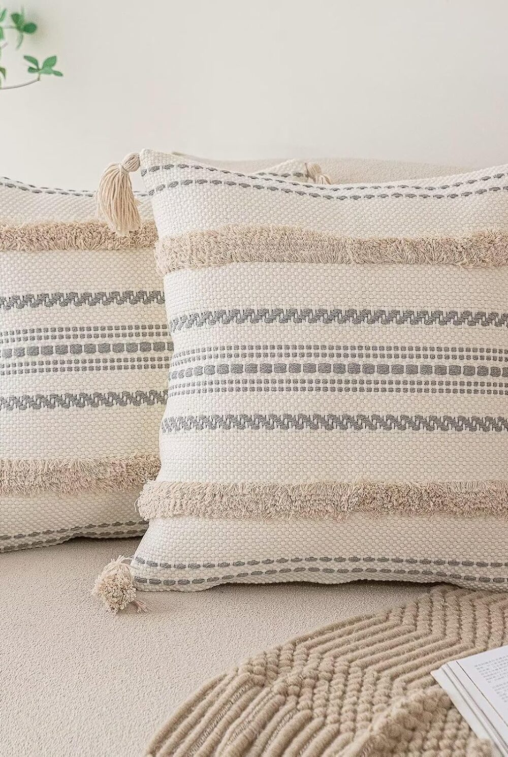 BUIOVBEY Boho Throw Pillow Covers Woven Tufted Pillow Cases with Tassels | Farmhouse Pillow Covers 18x18 Set of 2 Textured Striped Cushion Case Neutral Decorative Pillowcase for Sofa Couch Bed Khaki