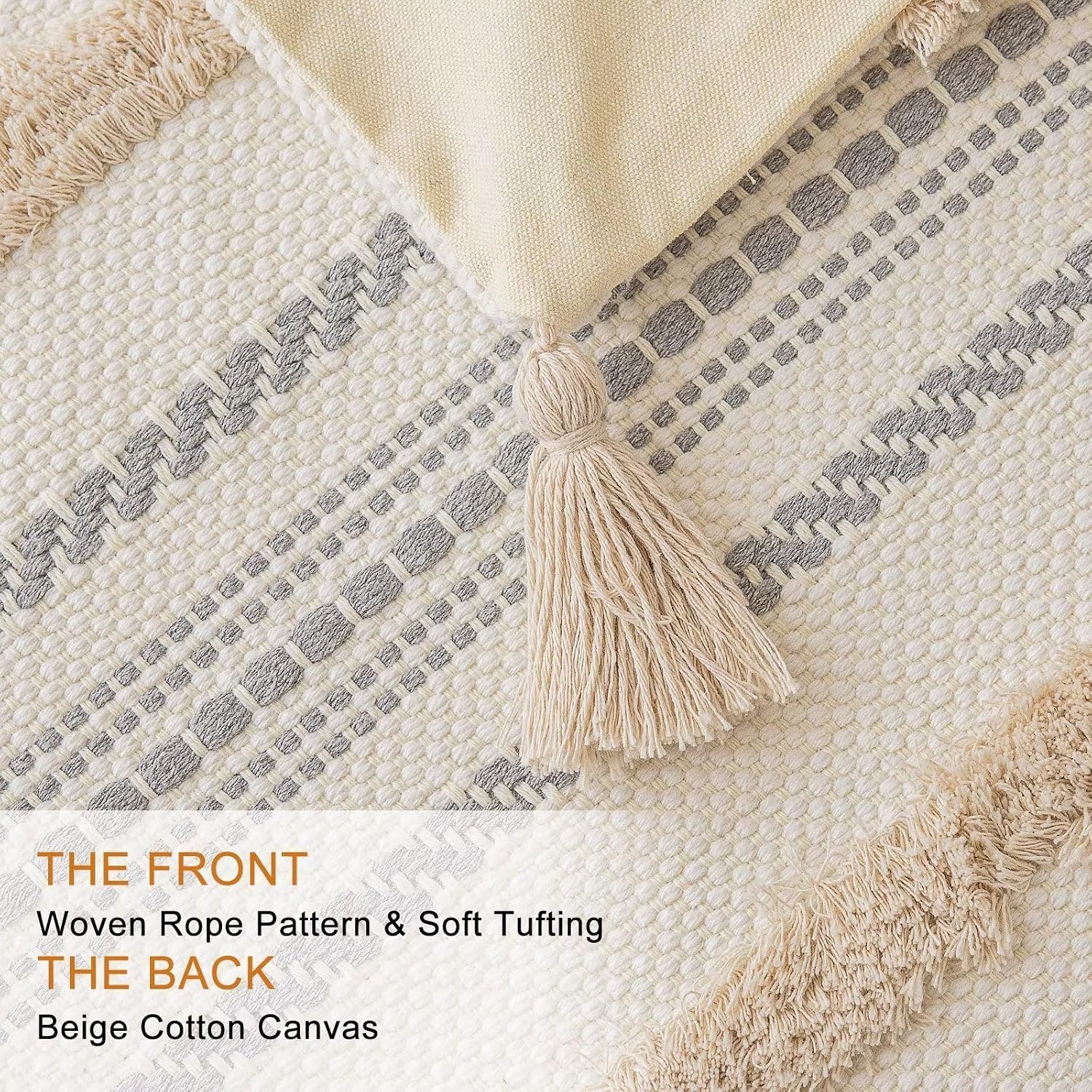 BUIOVBEY Boho Throw Pillow Covers Woven Tufted Pillow Cases with Tassels | Farmhouse Pillow Covers 18x18 Set of 2 Textured Striped Cushion Case Neutral Decorative Pillowcase for Sofa Couch Bed Khaki - Image 2