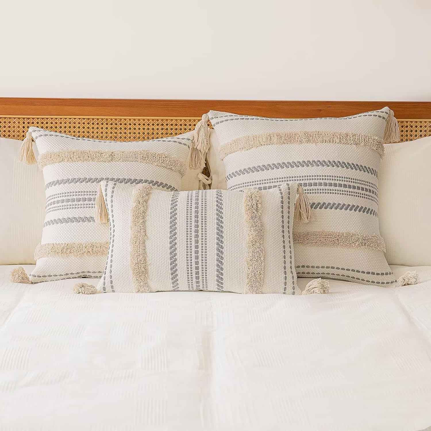 BUIOVBEY Boho Throw Pillow Covers Woven Tufted Pillow Cases with Tassels | Farmhouse Pillow Covers 18x18 Set of 2 Textured Striped Cushion Case Neutral Decorative Pillowcase for Sofa Couch Bed Khaki - Image 5
