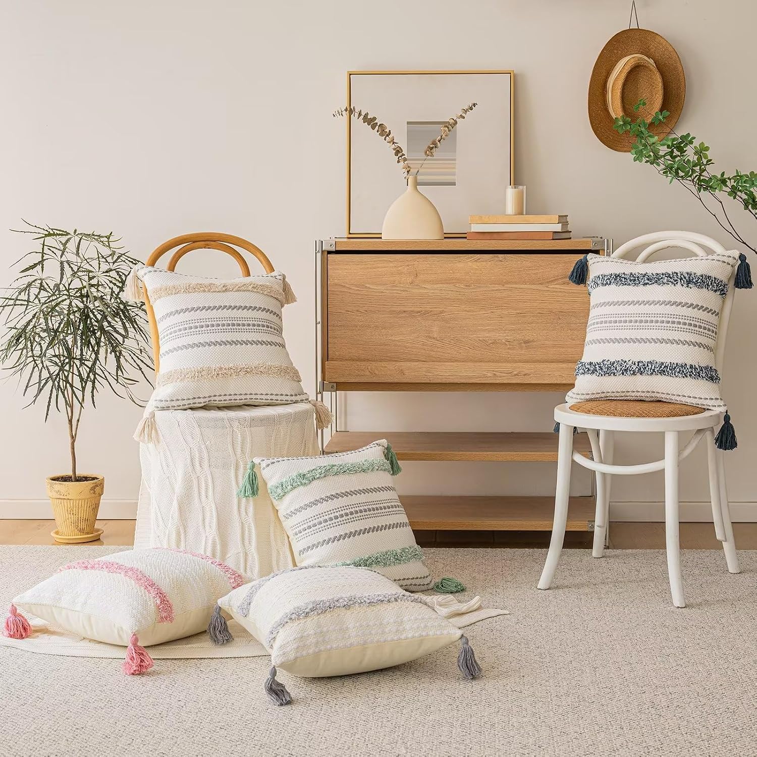 BUIOVBEY Boho Throw Pillow Covers Woven Tufted Pillow Cases with Tassels | Farmhouse Pillow Covers 18x18 Set of 2 Textured Striped Cushion Case Neutral Decorative Pillowcase for Sofa Couch Bed Khaki - Image 6