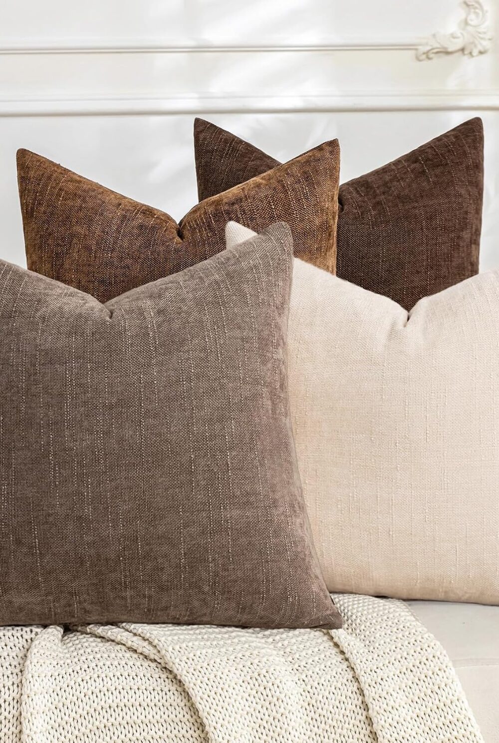 Set of 4 Soft Textured Throw Pillow Covers 18x18 Inch Cozy Decorative Farmhouse Cushion Cover Square Accent Pillow Cases for Bed Couch Sofa Living Room, Beige Taupe Brown