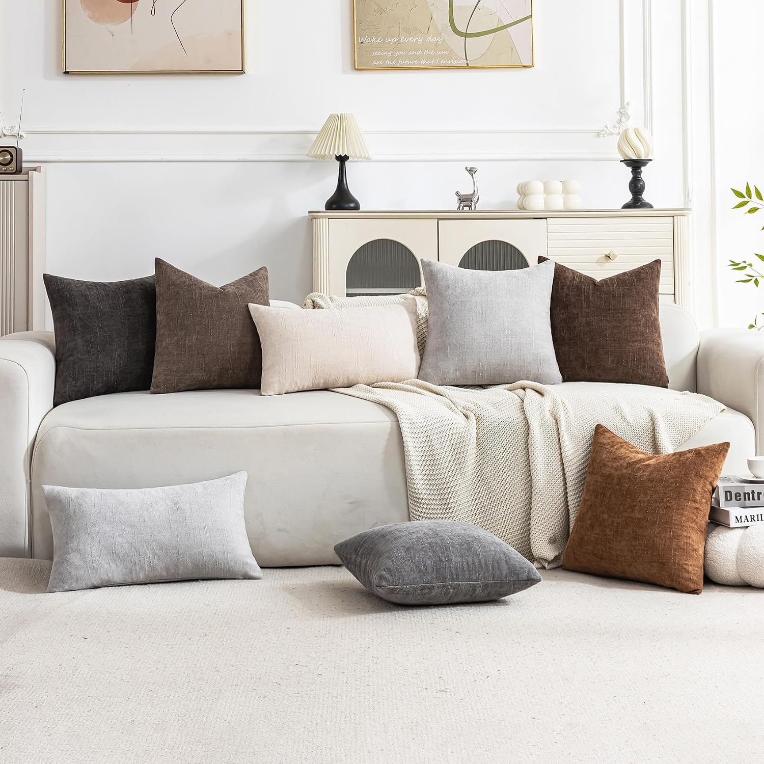 Set of 4 Soft Textured Throw Pillow Covers 18x18 Inch Cozy Decorative Farmhouse Cushion Cover Square Accent Pillow Cases for Bed Couch Sofa Living Room, Beige Taupe Brown - Image 2