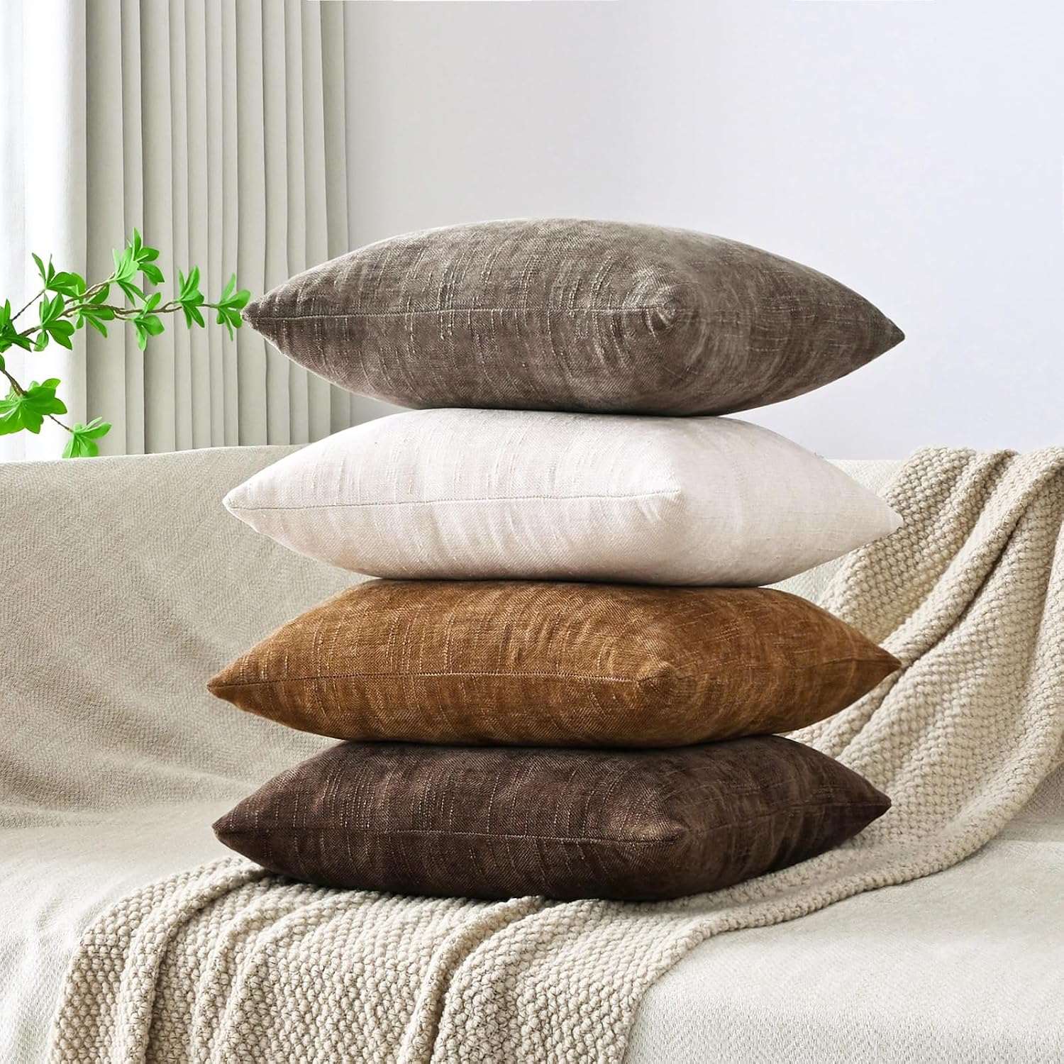 Set of 4 Soft Textured Throw Pillow Covers 18x18 Inch Cozy Decorative Farmhouse Cushion Cover Square Accent Pillow Cases for Bed Couch Sofa Living Room, Beige Taupe Brown - Image 3