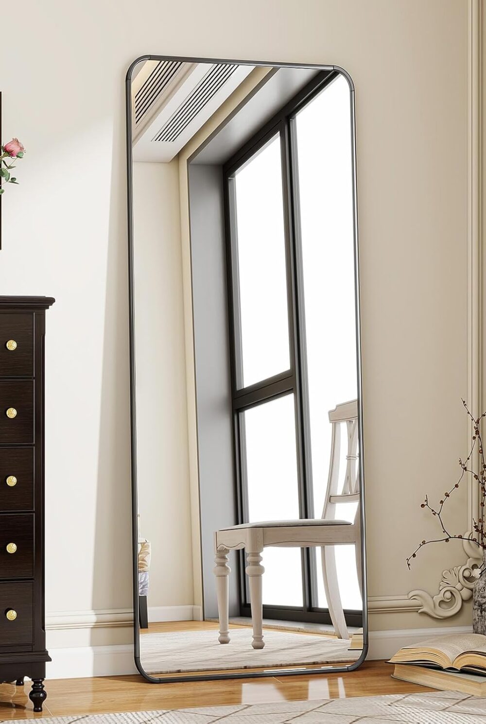 BEAUTYPEAK Black Full Length Mirror, 56"x21" Rounded Corner Floor Mirror Standing Hanging or Leaning Against Wall, Suitable for Bedroom or Dressing Room